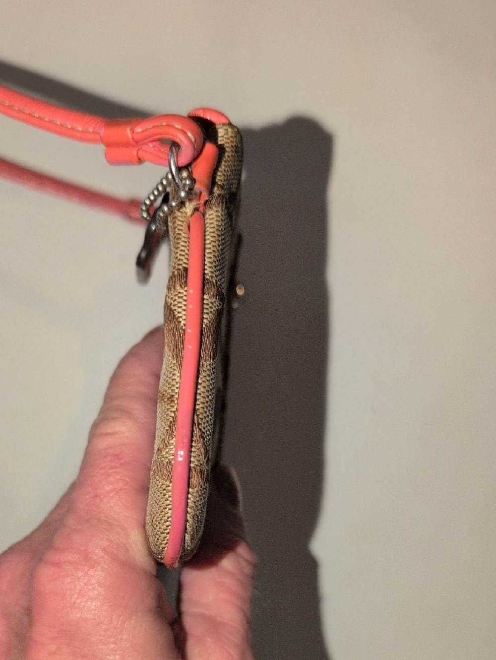 Coach Brown Signature Canvas Wristlet with Coral Trim - Picture 4 of 7